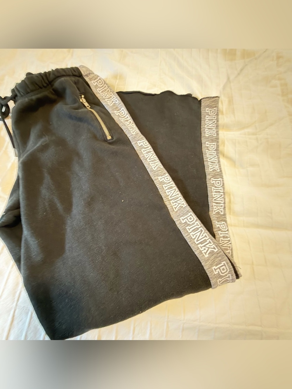 PINK Victoria's Secret Black Wide Leg Joggers with Gray PINK Tape